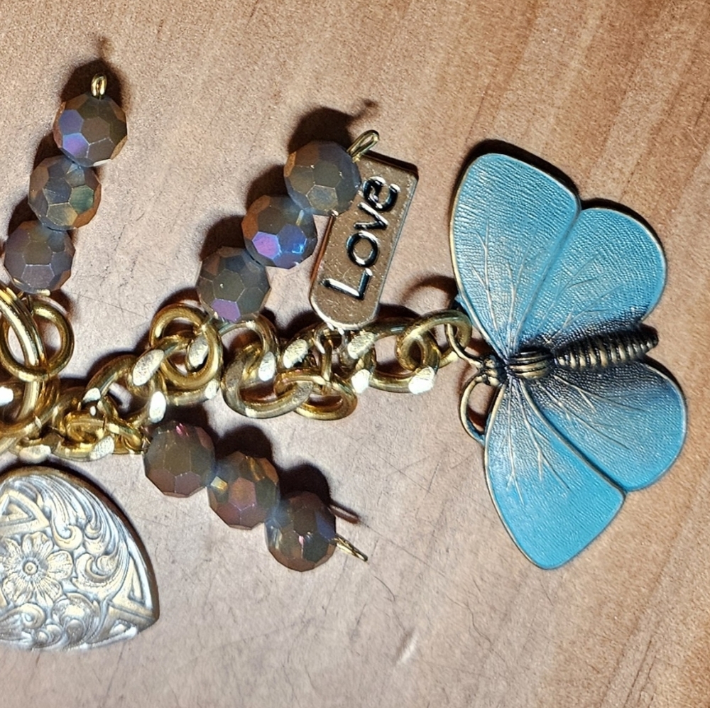 New Butterfly/hearts/love Charm W/Gold Tone Lobster Clip & Keyring